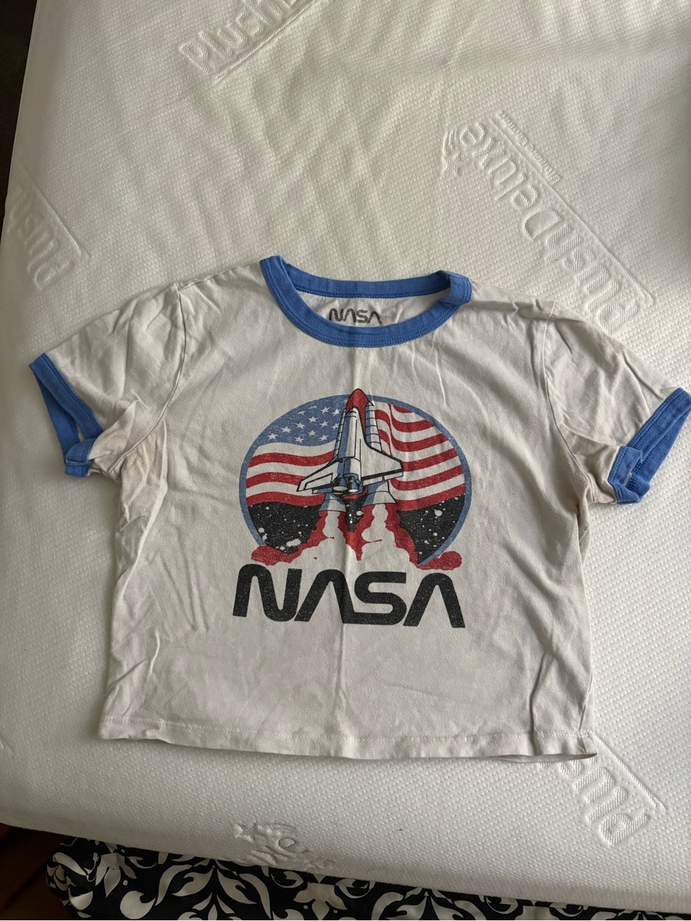 NASA White Crop Ringer Tee with Blue Trim